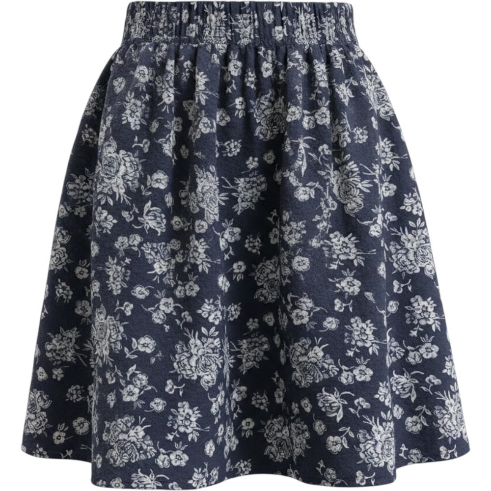 Navy Blue Medium? Floral A-Line Skirt Elastic Waist Cottagecore Prairie Boho
